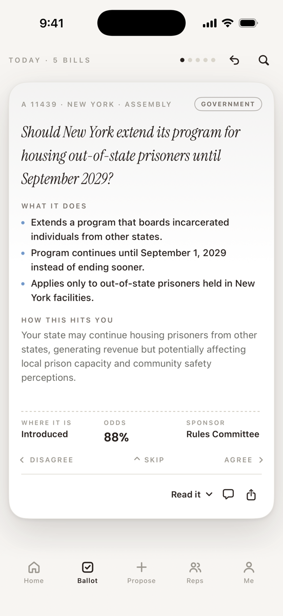 PollSee ballot — a New York Assembly bill in plain English, with what it does, how it hits you, and the odds it passes