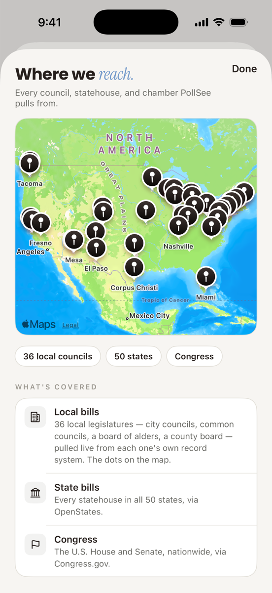 PollSee's in-app coverage map: pins across the United States with counts for 36 local councils, 50 states, and Congress